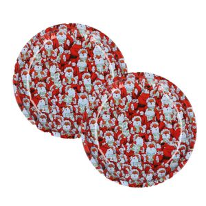 Kerst borden - 2x st - 26 cm - metaal - rood met kerstman- kerstservies kerst bordjes