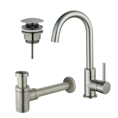 Fortifura Calvi Wastafelkraanset - hoge wastafelkraan - draaibare uitloop - klikwaste plug - verlaagde design sifon - Geborsteld RVS PVD (RVS) SW809348/SW696201/SW696217
