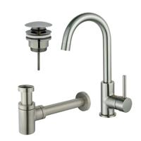 Fortifura Calvi Wastafelkraanset - hoge wastafelkraan - draaibare uitloop - klikwaste plug - verlaagde design sifon - Geborsteld RVS PVD (RVS) SW809348/SW696201/SW696217
