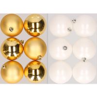 12x stuks kunststof kerstballen mix van goud en winter wit 8 cm   -