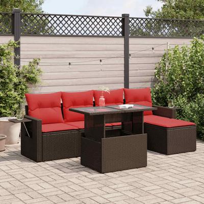 6-delige Loungeset met kussens poly rattan acacia grijs