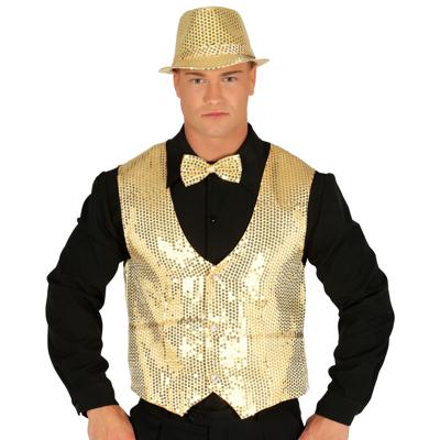 Verkleed set voor heren - gilet/vlinderstrikje/hoed - goud - pailletten - one size - carnaval