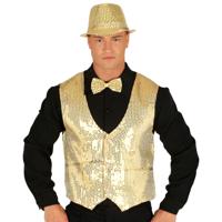 Verkleed set voor heren - gilet/vlinderstrikje/hoed - goud - pailletten - one size - carnaval