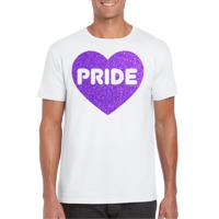Bellatio Decorations Gay Pride T-shirt voor heren - pride - paars glitter hartje - wit - LHBTI 2XL  -