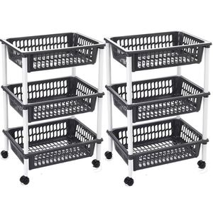 Set van 2x stuks zwarte opberg trolleys/roltafels met 3 manden 62 cm