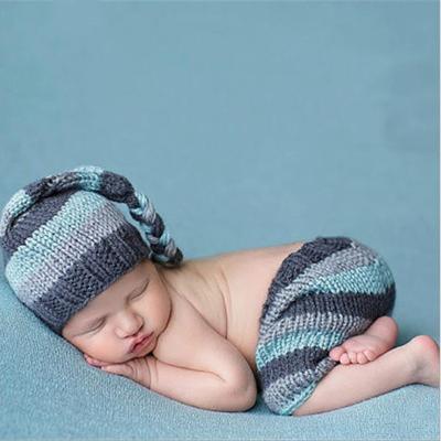 Kinderen fotografie kleding hand-gebreide horizontale gestreepte wol lange staart Cap met vlecht + horizontale streep middellange Broek set