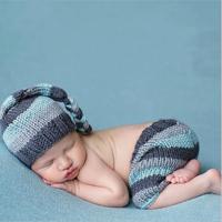 Kinderen fotografie kleding hand-gebreide horizontale gestreepte wol lange staart Cap met vlecht + horizontale streep middellange Broek set