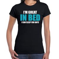 Dames t-shirt - zwart - fun tekst - Great in bed - Grappig pyjama shirt - slaapshirt