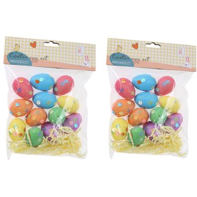 Gekleurde paaseieren - 24x stuks - glitter - incl paasgras - decoratie eitjes - Pasen - piepschuim