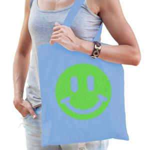 Cadeau tas voor dames - glitter smiley - blauw - katoen - 42 x 38 cm - Moederdag - verjaardag