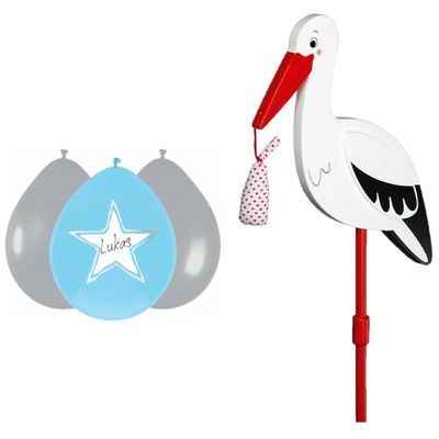Geboorte versiering jongen - ooievaar geboorte bord - 77 cm hoog - 6x blauwe ballonnen
