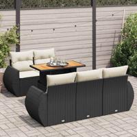 6-delige Loungeset met kussens poly rattan zwart