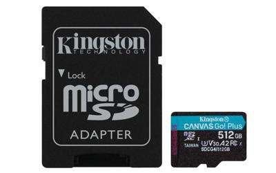 Kingston Technology 512GB microSDXC Canvas Go! Plus Gen4 200MB/s A2 U3 V30 kaart + adapter
