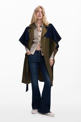 Trenchcoat-stijl poncho van twee materialen - GREEN - U