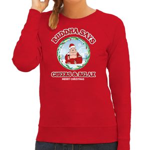 Foute Kersttrui/sweater voor dames - buddha says cheers & relax - rood - proost - wijn