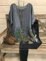 Gray Crew Neck Casual Floral T-shirt