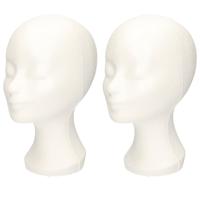 Paspop display etalage hoofd/mannequin - 2x - 30 cm - piepschuim - wit - voor hoeden/pruiken/accesso