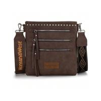 Bon&Bon West Cow Print Crossbody Bag with Guitar Strap - Multi Pocket Coffee Brown