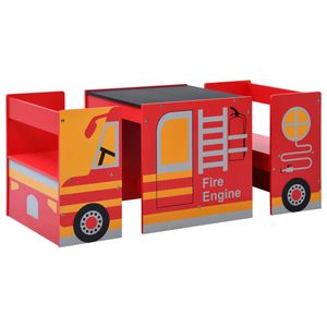 The Living Store Brandweer Kindertafel en Stoelenset - MDF en Grenenhout - 48x48x48 cm - Krijtbord - Rood/Zwart - 6-12