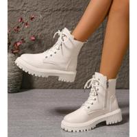 Bon&Bon Women's Winter Warm Lace-Up Boots - White Low Heel Fashion 2025 36.5