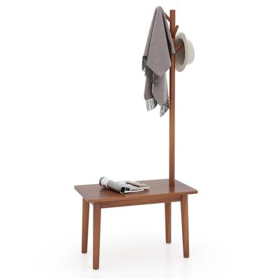 Bijzettafel met Kapstok Vrijstaande Kapstok van Massief Hout 2 In 1 Schoenenbank met 3 Haken voor Woonkamer Hal Bruin