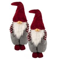 Gnome/dwerg pop - 2x stuks - grijs/rood - pluche - 22 x 55 cm - decoratie pop/knuffel - staand