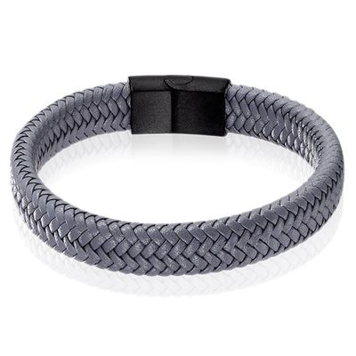 Gevlochten Leren Armband Heren Edelstaal Sluiting Grijs Zwart-22cm