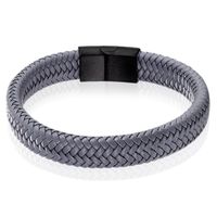 Gevlochten Leren Armband Heren Edelstaal Sluiting Grijs Zwart-22cm