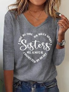 Women Sister Text Letters Regular Fit Casual V Neck T-Shirt