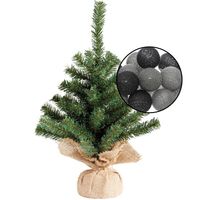 Mini kunst kerstboom groen met verlichting - in jute zak - H45 cm - zwart/grijs - Kunstkerstboom - thumbnail