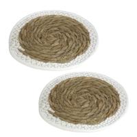 Pannenonderzetter - Set van 2x stuks - zeegras - rond - 24x24 cm - naturel/wit - stevig - decoratief