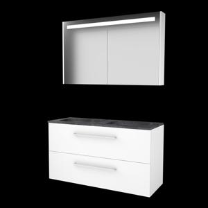 Basic-Line Premium 46 badkamermeubelset - 120x46cm - met grepen - 2 lades - hardsteen wastafel - 0 kraangaten - Spiegelkast - geintegreerde LED verlichting - MDF lak Ice White 1813408