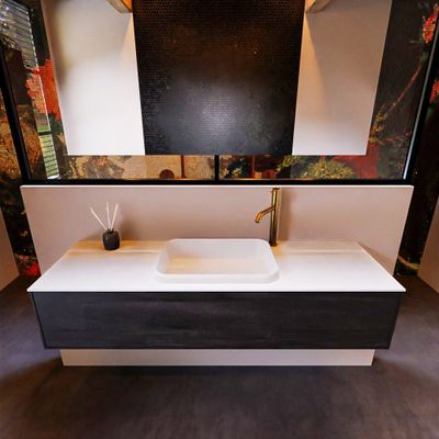 Badkamermeubelset Mondiaz Erin 150 cm met 1 Lade met RIDGE Wastafel Midden Talc met 1 kraangat Greeploos Mat Dark Brown