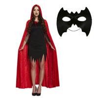 Halloween gemaskerd bal verkleedset - Oogmasker zwart - Lange cape met capuchon rood - volwassenen