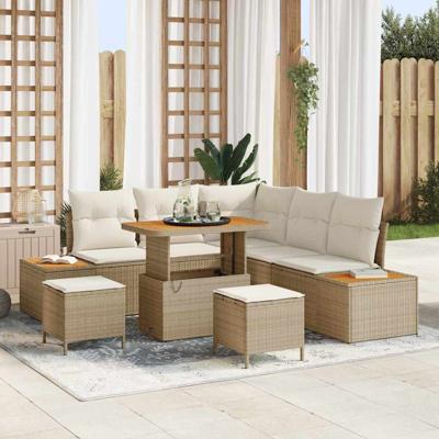 8-delige Tuinbankenset met kussens poly rattan acacia beige