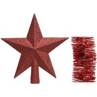 Kerstversiering kunststof glitter ster piek 19 cm en folieslingers pakket rood van 3x stuks - thumbnail