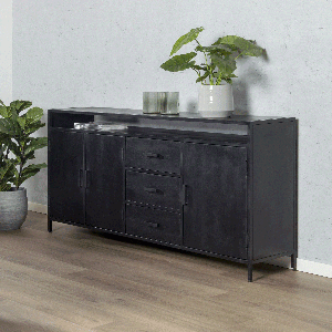 Livingfurn Dressoir Kala 180cm met open vak, Mangohout - zwart