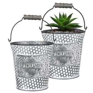 Plantenpot/bloempot emmer voor buiten - 2x - zink - zilver - D12.5 x H13 cm