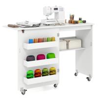 Vouwbare Naaitafel Rollende Knutselstation met Opbergvak 3 Verborgen Containers Mobiele Naaitafel 118,5 x 40 x 79,5 cm Wit