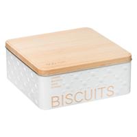 Koektrommel Biscuits - wit - 20 x 20 cm - 1600 ML - bewaarblik met bamboe deksel - metaal