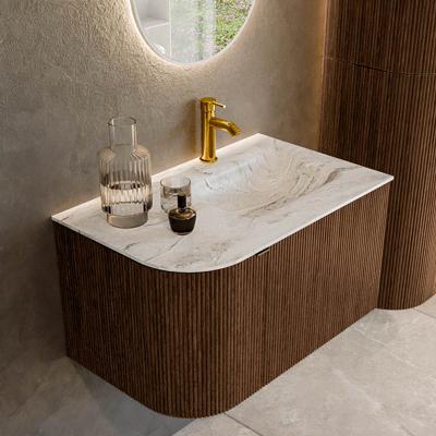 Badmeubel Mondiaz Kurve-Dlux | 75 cm | Meubelkleur Walnut | Wastafelkleur Glace | Solid surface | Rechts spoelbak | 1 kraangat