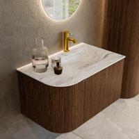 Badmeubel Mondiaz Kurve-Dlux | 75 cm | Meubelkleur Walnut | Wastafelkleur Glace | Solid surface | Rechts spoelbak | 1 kraangat