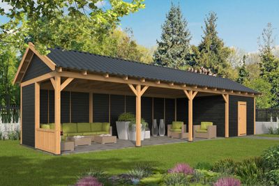 Tuindeco Hamar XL Overkapping type 10 1303x445 cm Lariks/Douglashout blank en Zweeds rabat zwart- Zadeldak- Onbehandeld lariks Douglas hout- Tuindeco
