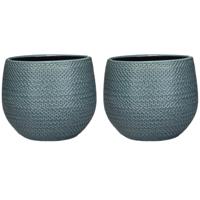 Mica Decorations Plantenpot - Set van 2x stuks - blauw - geribbeld - 18 x 16 cm