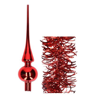Kerstversiering glazen piek glans 26 cm en golf folieslingers pakket rood van 3x stuks Kerstversiering glazen piek glans 26 cm en golf folieslingers pakket rood van 3x stuks