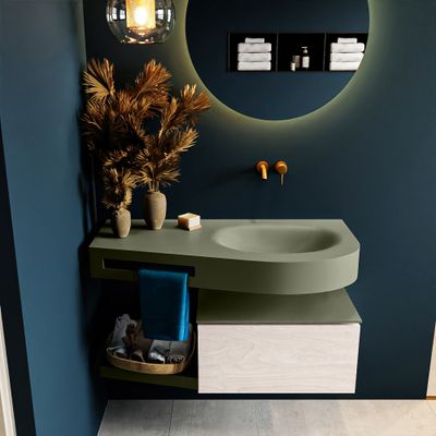 MONDIAZ RIVA 100cm badmeubel onderkast / planchet kleur Underlayment met 1 lade. Wastafel DULCET rechts 0 kraangaten kleur Army. MONDIAZ RIVA 100cm badmeubel onderkast / planchet kleur Underlayment met 1 lade. Wastafel DULCET rechts 0 kraangaten kleur Army.