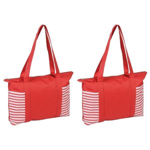 2x stuks strandtas/shopper rood/wit met streepmotief 44 cm