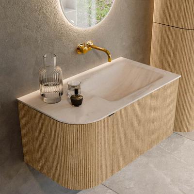 Badmeubel Mondiaz Kurve-Dlux | 85 cm | Meubelkleur Oak | Wastafelkleur Meli | Solid surface | Wasbak rechter zijde spoelbak | Zonder kraangat(en)