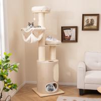 187 cm Hoge Houten Kattenboom met Hangmatten 2 Zitstokken Sisal-Krabpalen Mat en Bal Wasbare Kussens 6-Laags Klimmeubilair