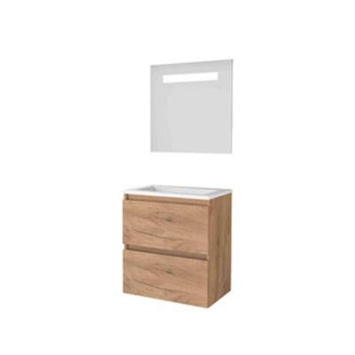 Basic-Line Economic 39 Badkamermeubelset - Ondiep - 60 x 39 cm - Greeploos - 2 Lades - Acryl Wastafel - Zonder Kraangat - Spiegel met LED Verlichting - Whisky Oak